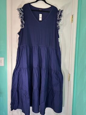 Lane Bryant Navy V-Neck Tiered Midi Dress with Lace-Trim Sleeves